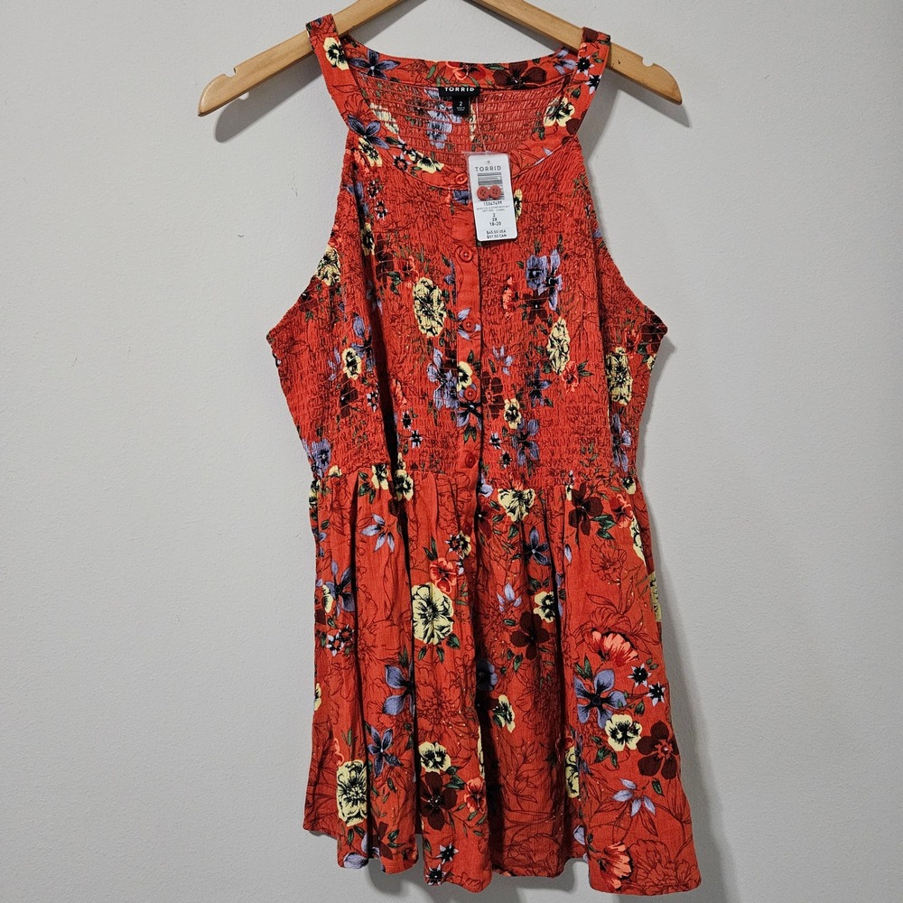 Torrid Red Floral Esther Smocked Halter Top Sleeveless Blouse Size 2X 18-20 NEW‎